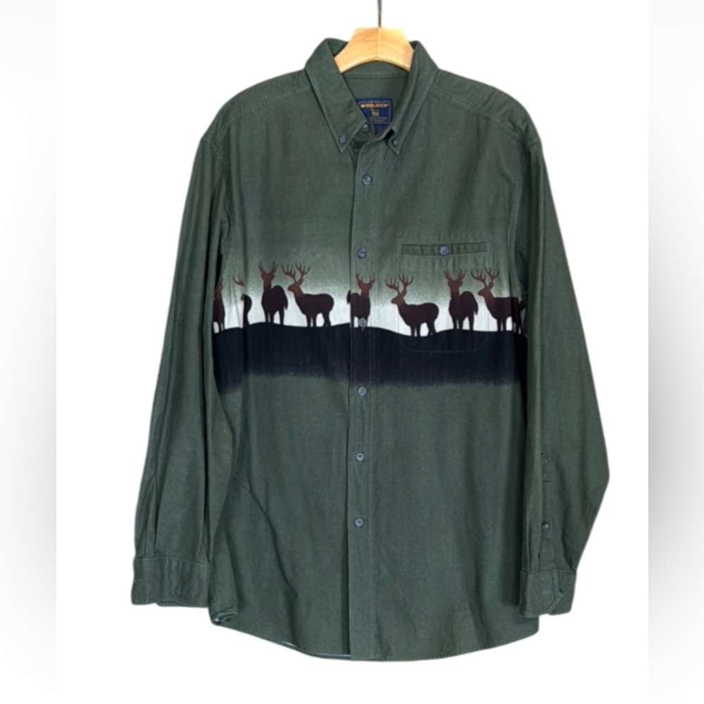 Vintage Woolrich Green flannel button down shirt with Deer Print Men's Size XL
